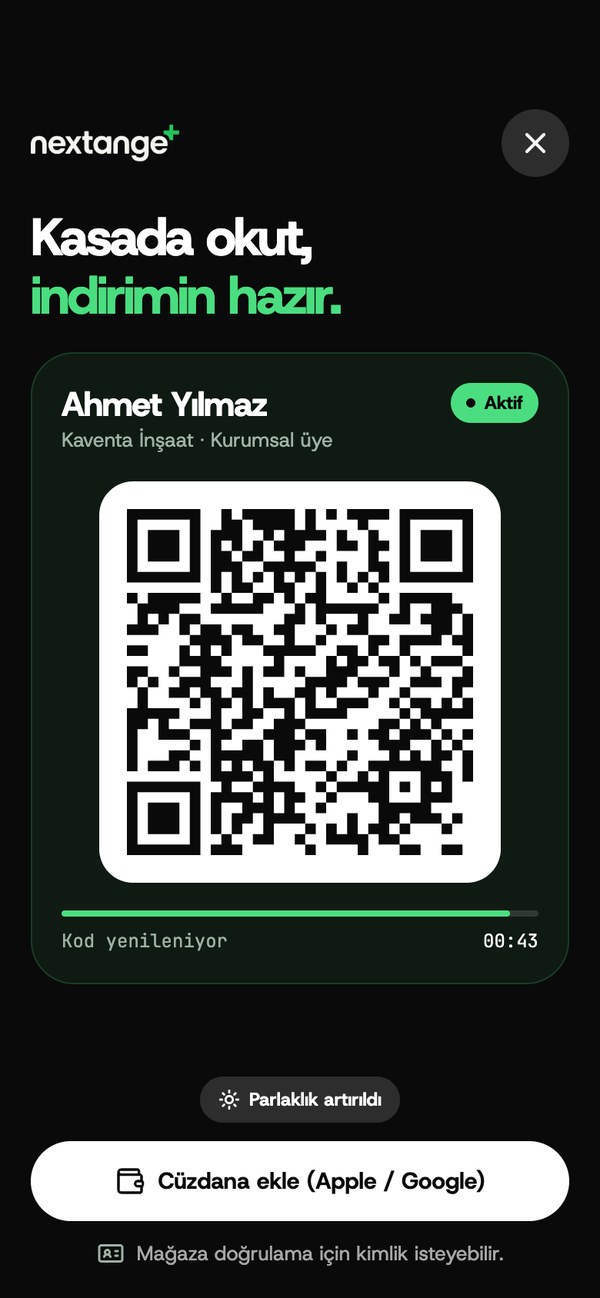 NextAnge Kartı ekranı